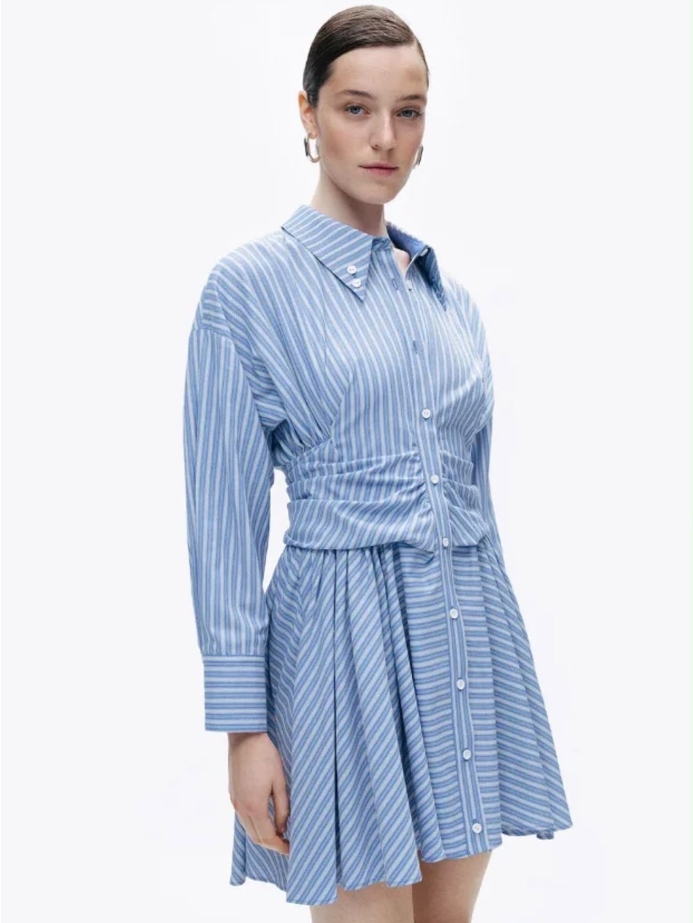 Cropped Light Blue Striped Mini Shirt Dress